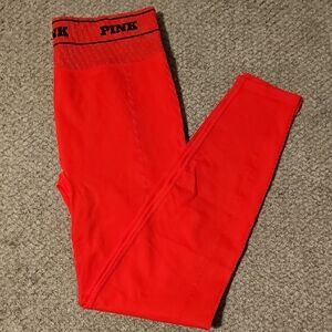 PINK Victoria's Secret Seamless Classic LOGO Shimmer Waistband Red Leggings